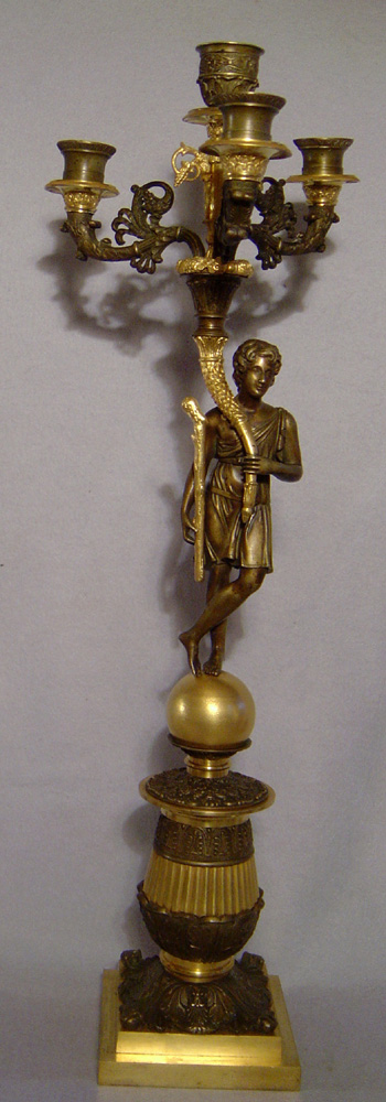 Antique English or French ormolu and patinated bronze figural candelabra.