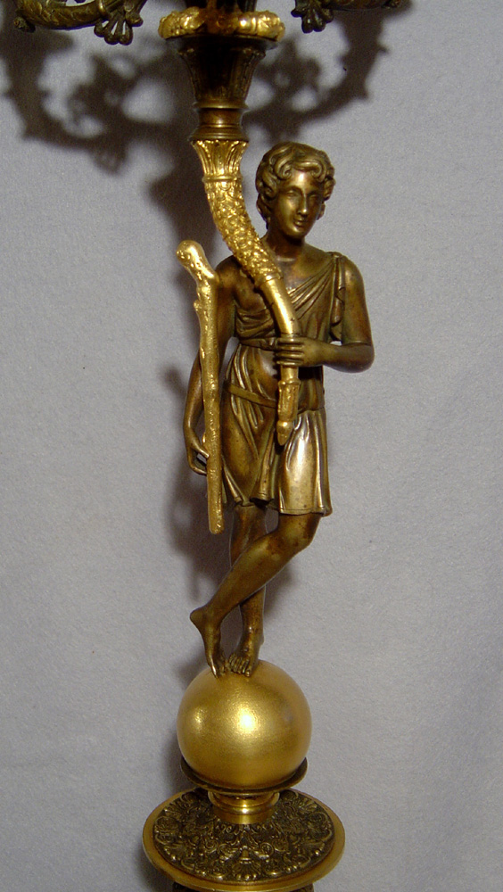 Antique English or French ormolu and patinated bronze figural candelabra.