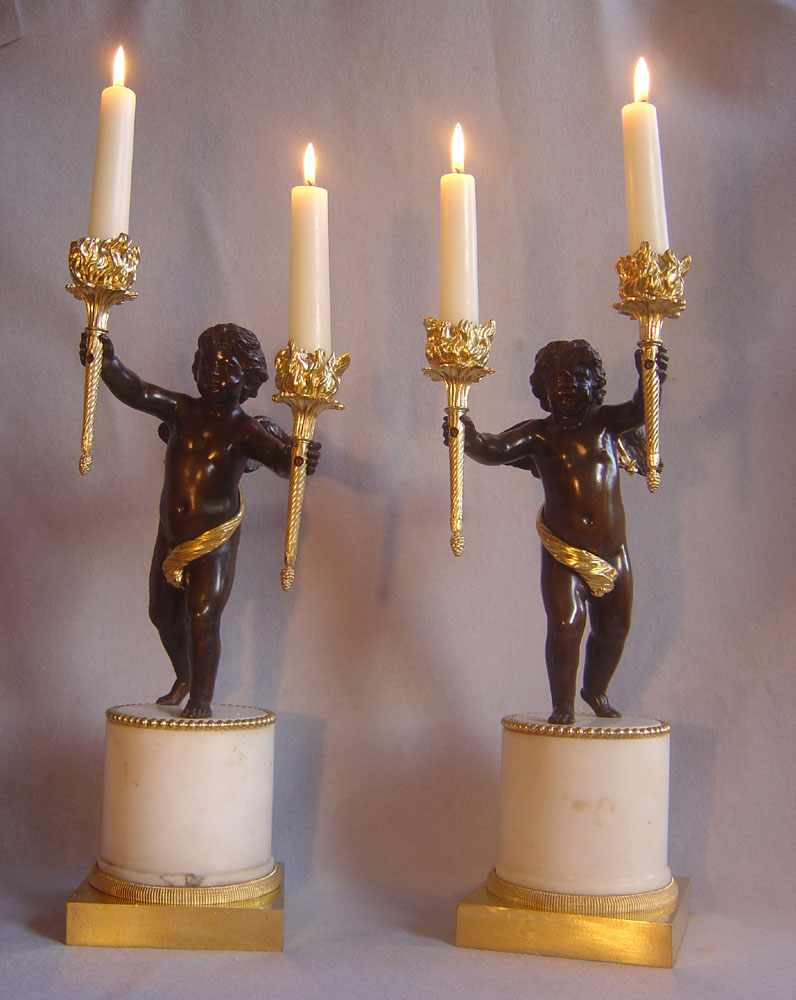 George III or English Regency antique candelabra in ormolu, patinated bronze and white marble