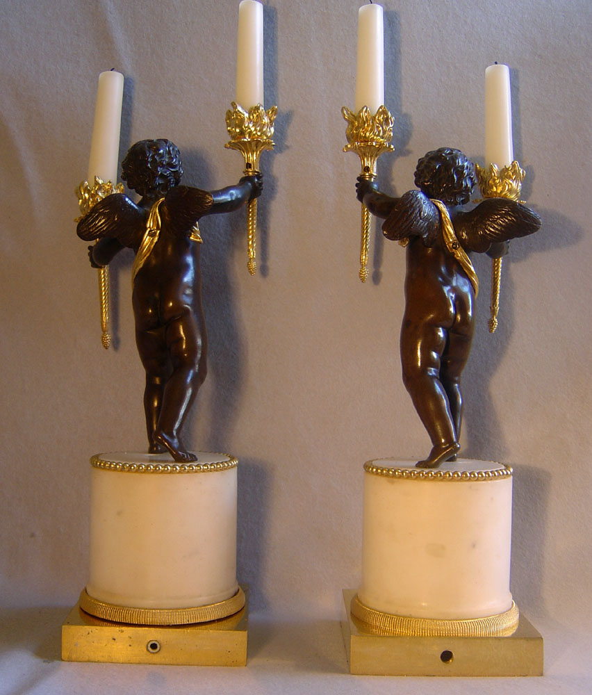 George III or English Regency antique candelabra in ormolu, patinated bronze and white marble
