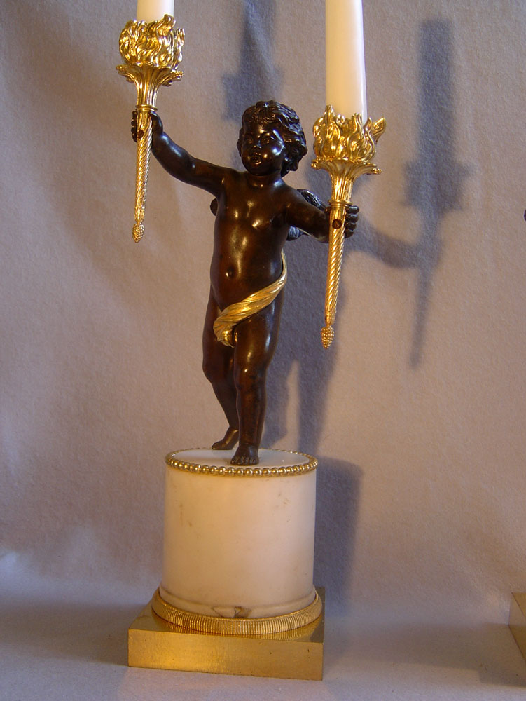 George III or English Regency antique candelabra in ormolu, patinated bronze and white marble