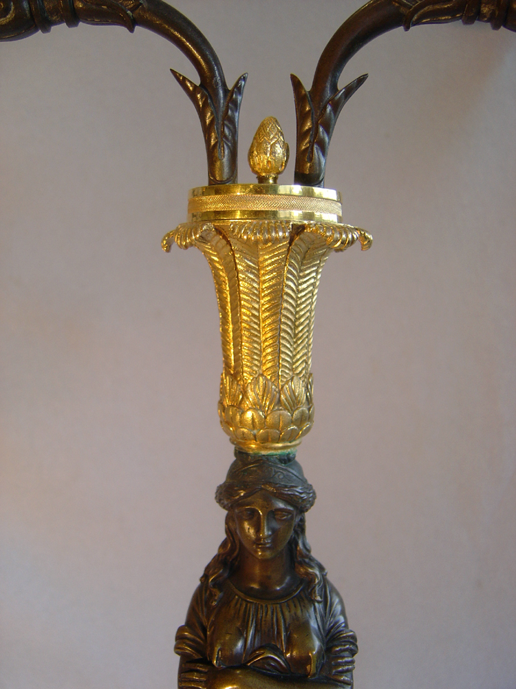 Unusual pair of Empire two branch candelabra in gout d'Egypt or Egyptian style