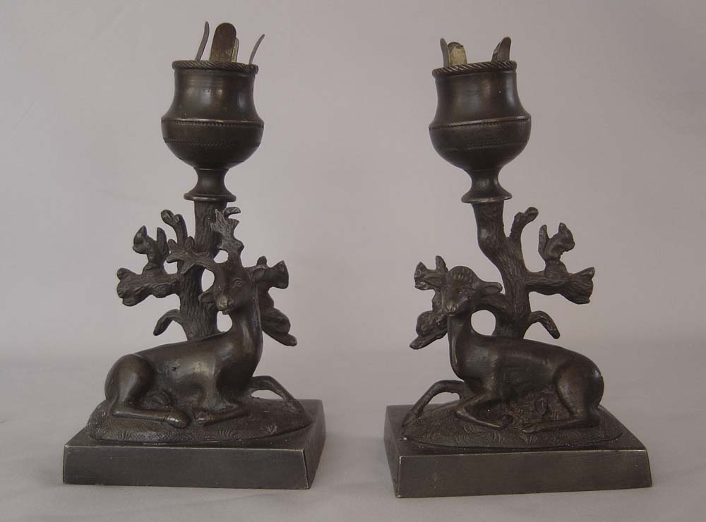 Antique pair candlesticks, English Regency period of two deer.