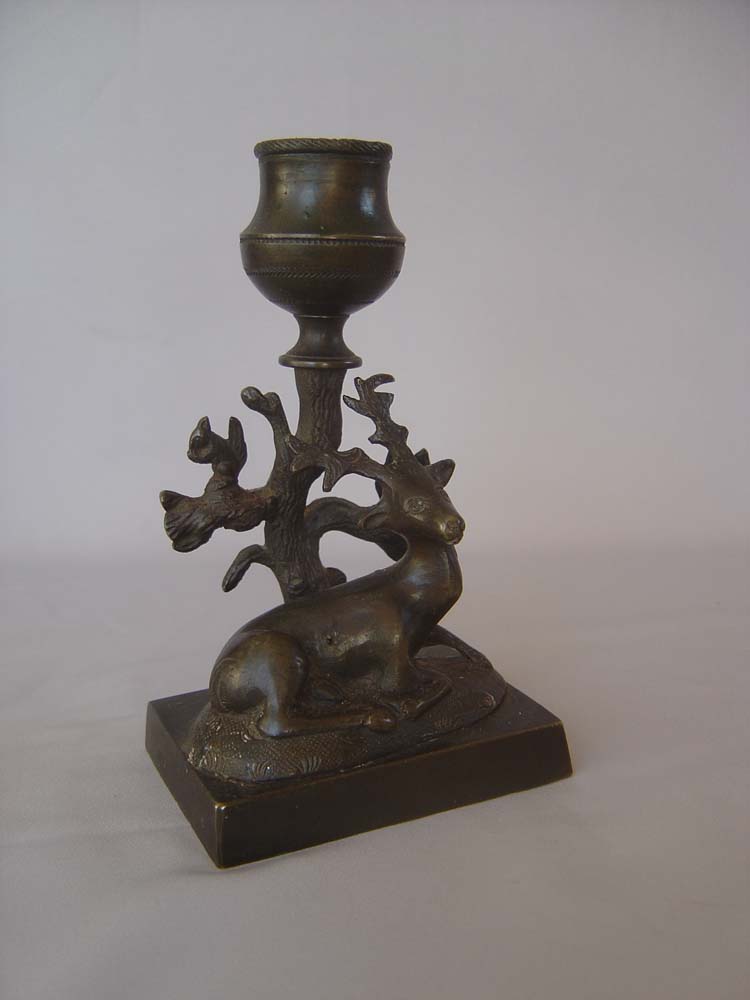 Antique pair candlesticks, English Regency period of two deer.