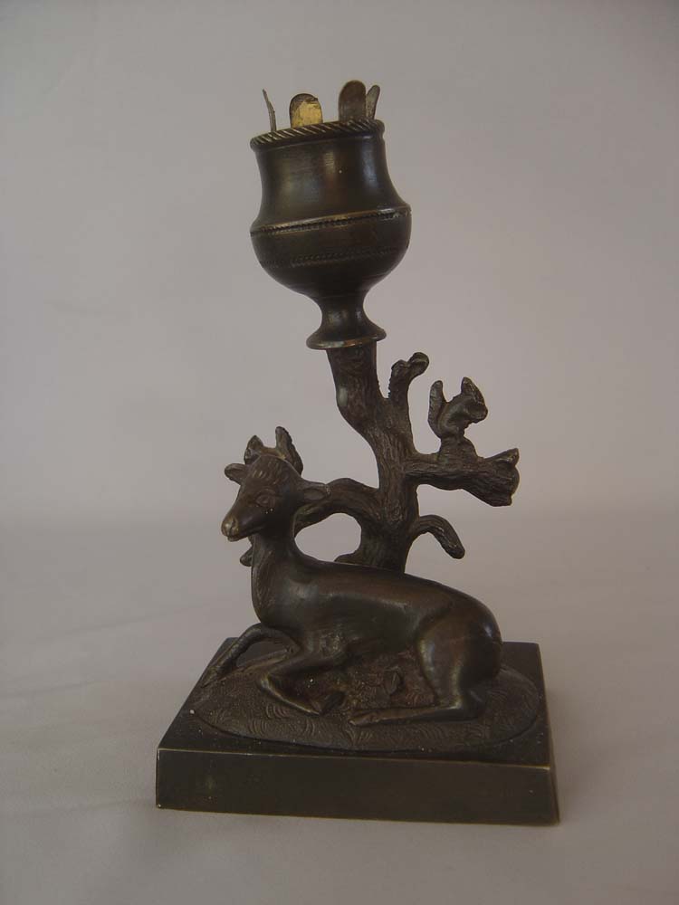 Antique pair candlesticks, English Regency period of two deer.