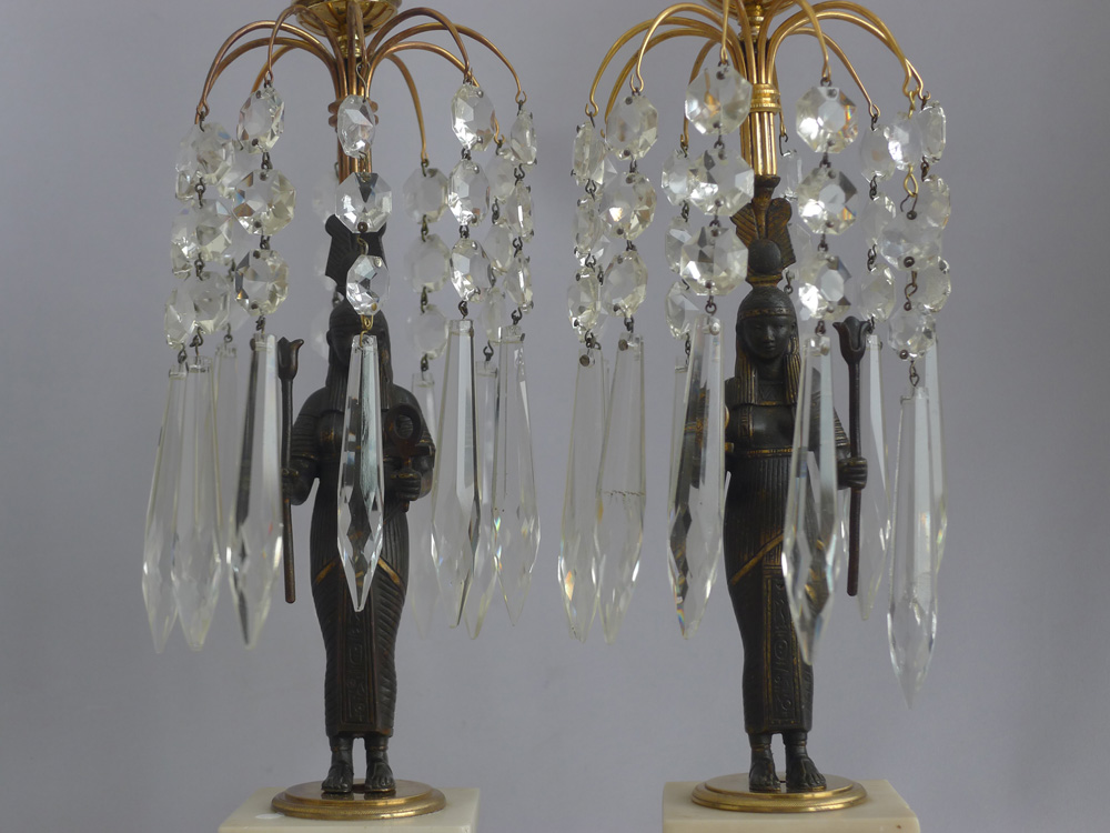 Antique English Egyptian revival table lustre candlesticks.