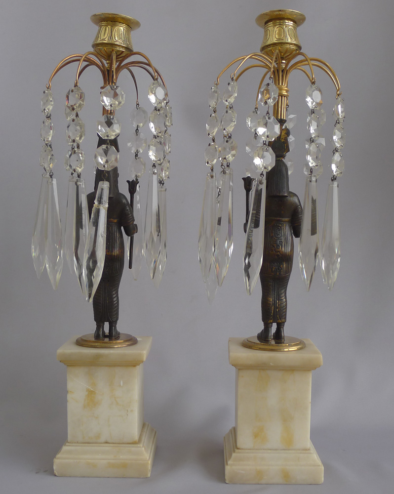 Antique English Egyptian revival table lustre candlesticks.