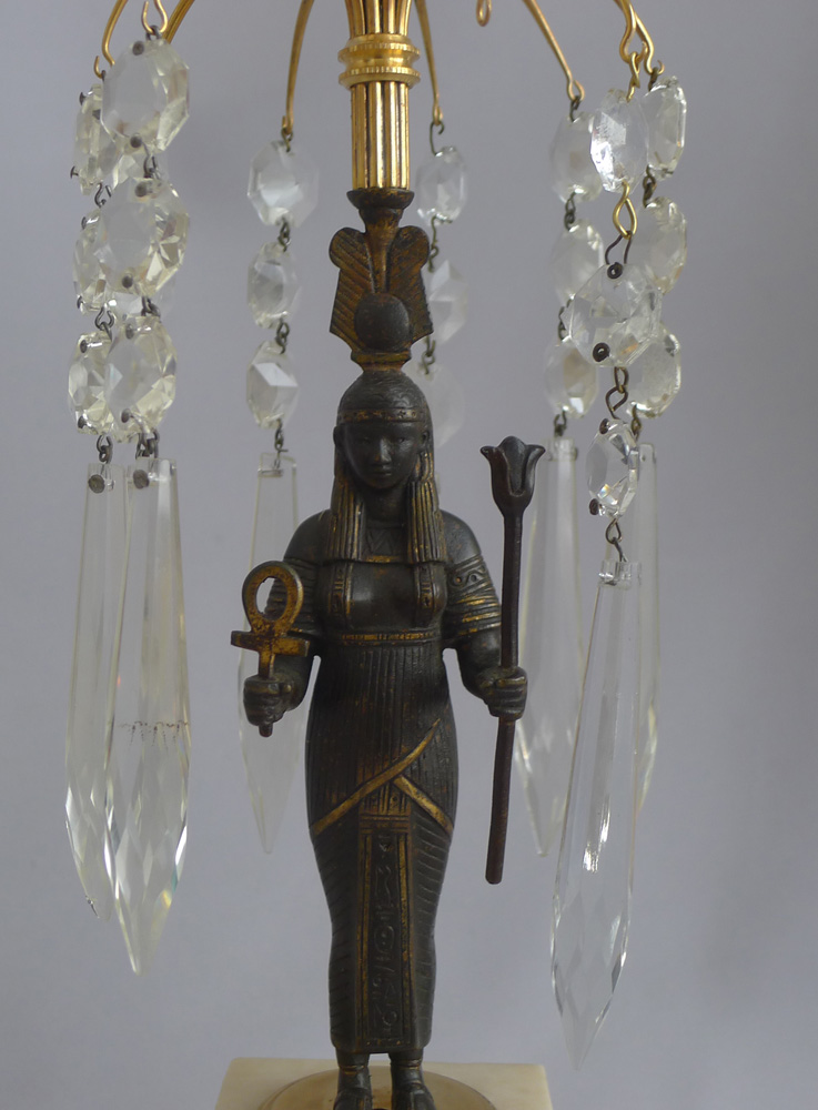 Antique English Egyptian revival table lustre candlesticks.