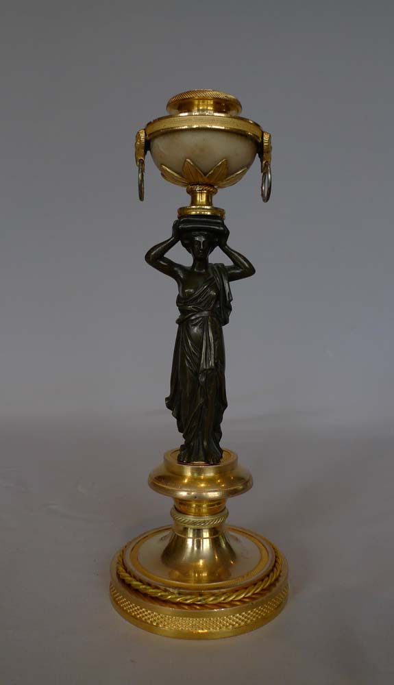 English Regency or George III neo classical candlestick in ormolu, marble and patinated bronze