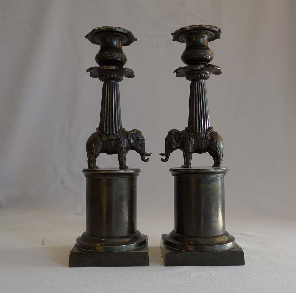 English Regency antique elephant candlesticks in bronze