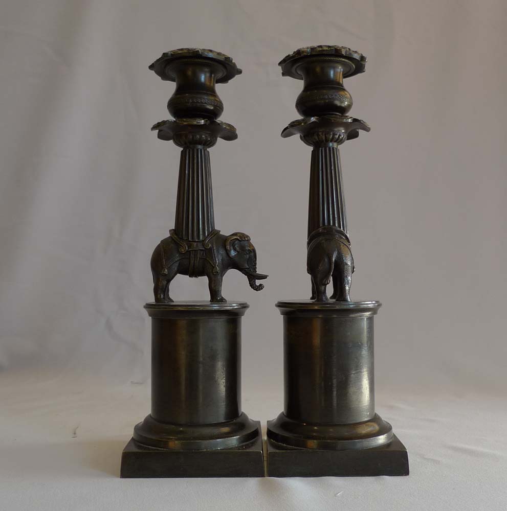 English Regency antique elephant candlesticks in bronze