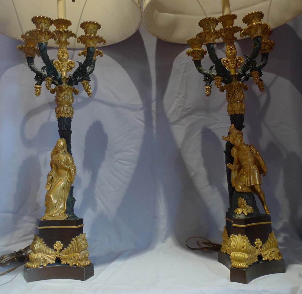 Pair large antique candelabra, figural from Charles X French period in ormolu and patinated bronze.