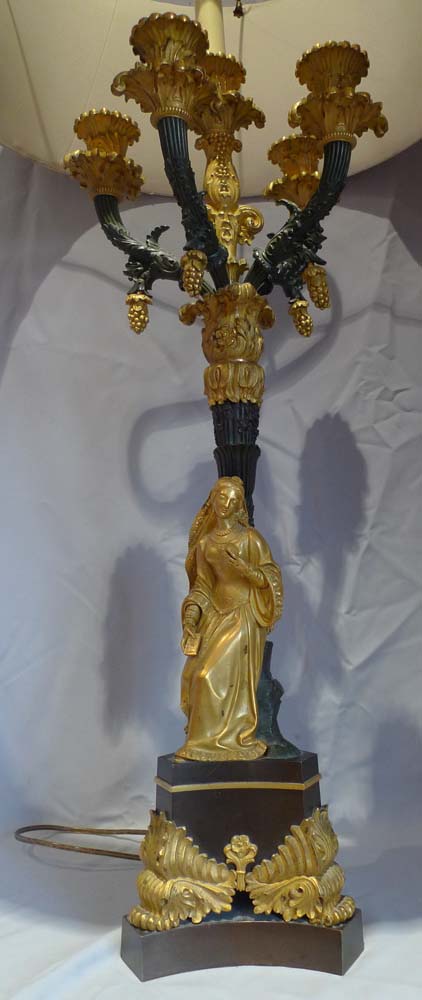 Pair large antique candelabra, figural from Charles X French period in ormolu and patinated bronze.