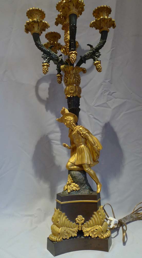Pair large antique candelabra, figural from Charles X French period in ormolu and patinated bronze.