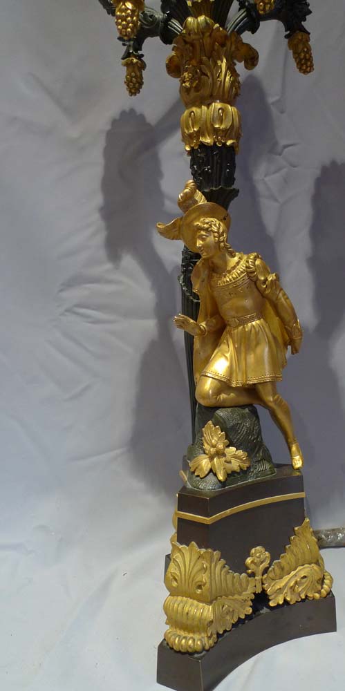 Pair large antique candelabra, figural from Charles X French period in ormolu and patinated bronze.