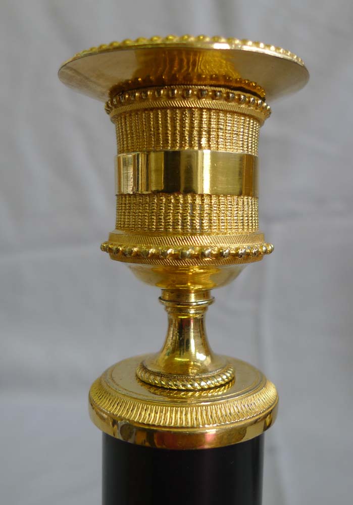 Pair candlesticks, English George III in ormolu and black and white marble, antique.
