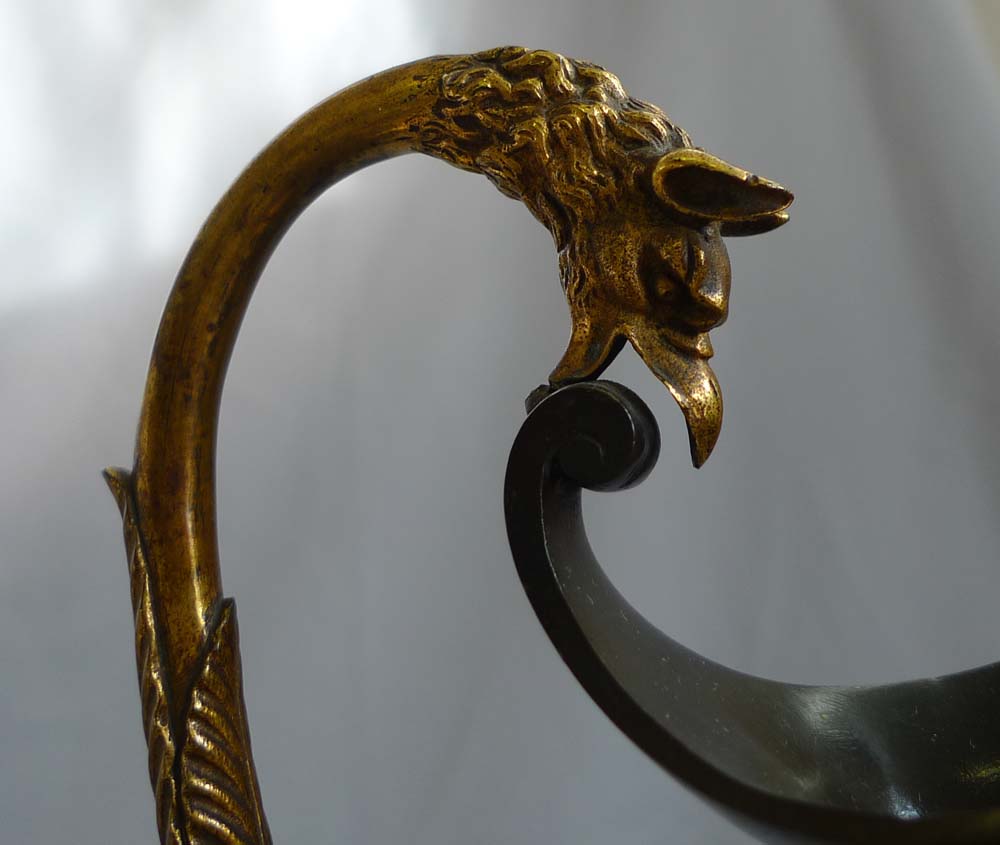 Antique Ravrio French Empire urn in patinated bronze and ormolu in form of classical wine ewer.