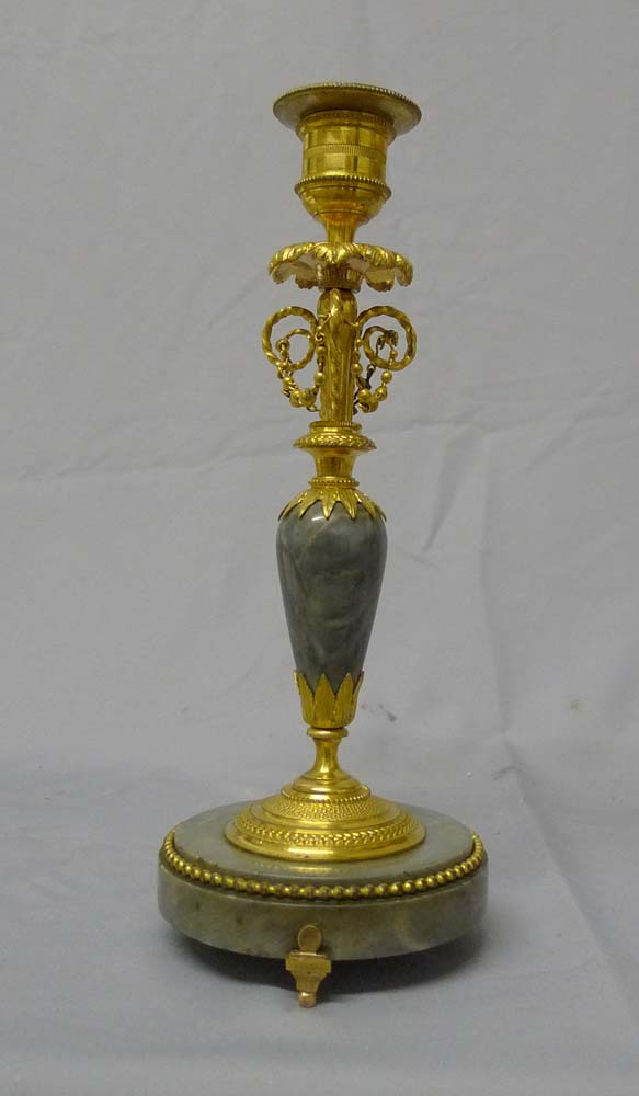Antique French Directoire candlesticks in ormolu and Bleu Tarquin marble.
