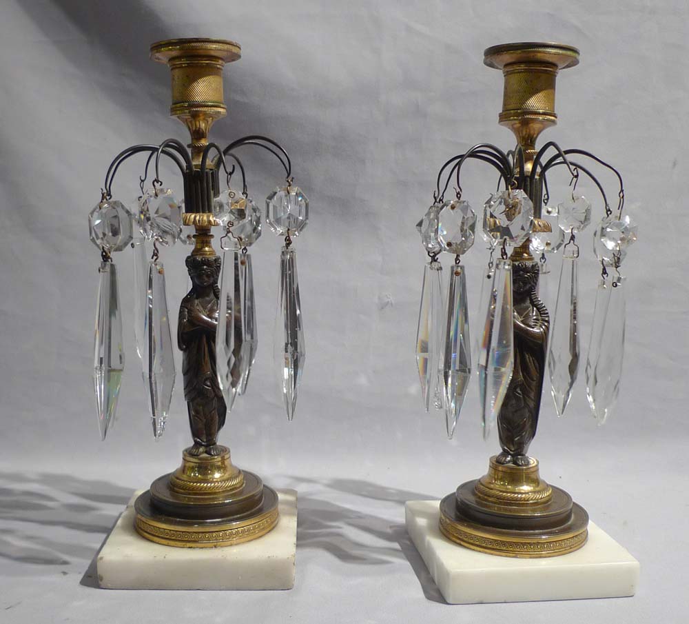 Antique English Regency candllestick lustres in Egyptian revival.