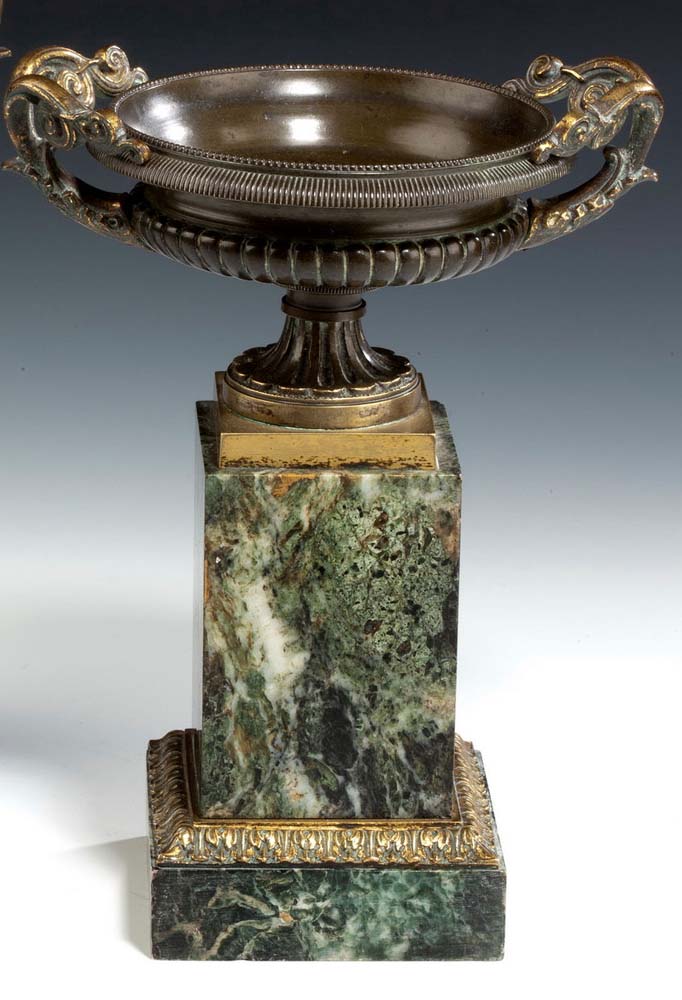 Antique french pair of Tazzas in antique vert marble, patinated bronze and ormolu.