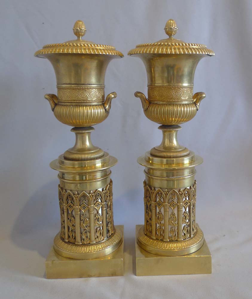 Antique French Empire or Charles X  gothic revival ormolu cassolettes.