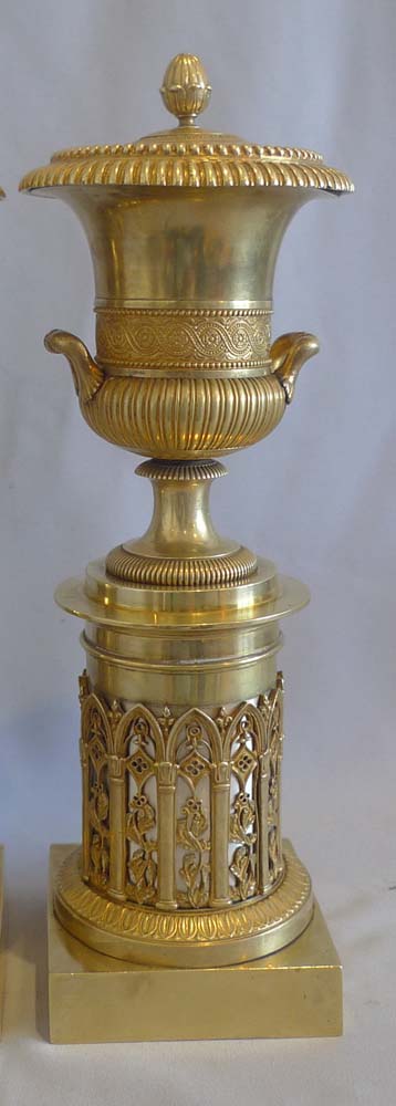 Antique French Empire or Charles X  gothic revival ormolu cassolettes.