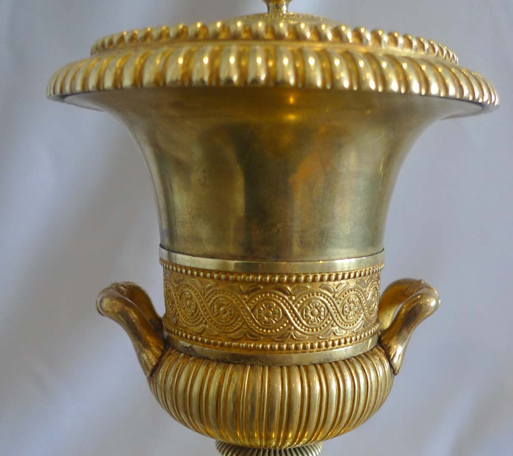 Antique French Empire or Charles X  gothic revival ormolu cassolettes.