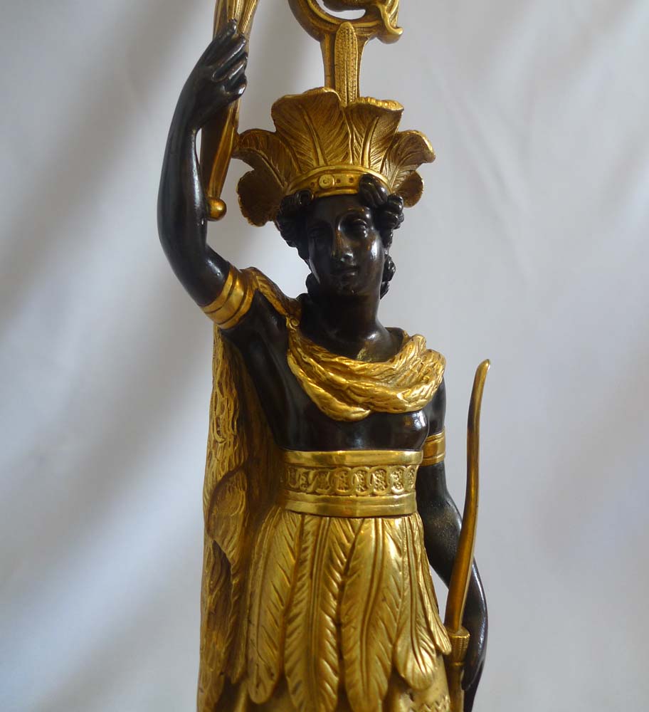 Antique Pair of French Charles X period blackamoor candlesticks representing America.