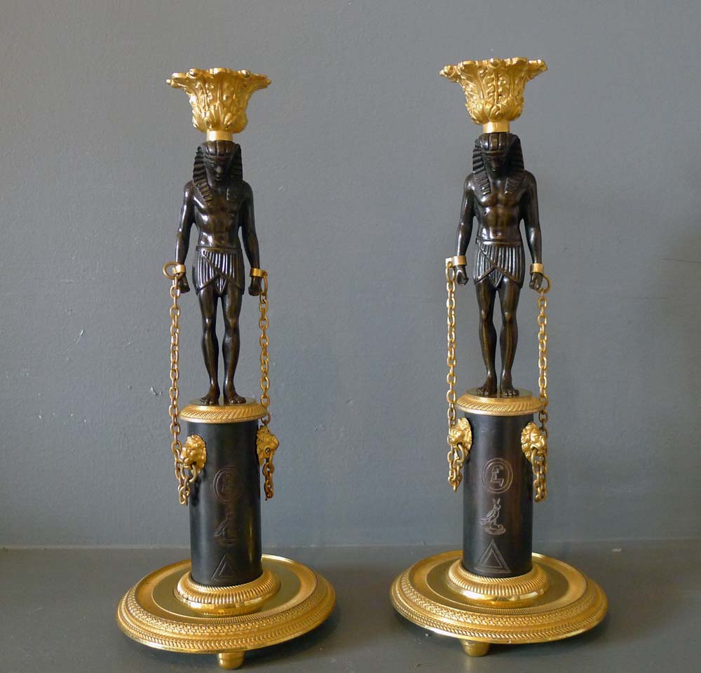 Pair Antique English Regency Egyptian style Egyptian revival  patinated bronze & ormolu candlesticks