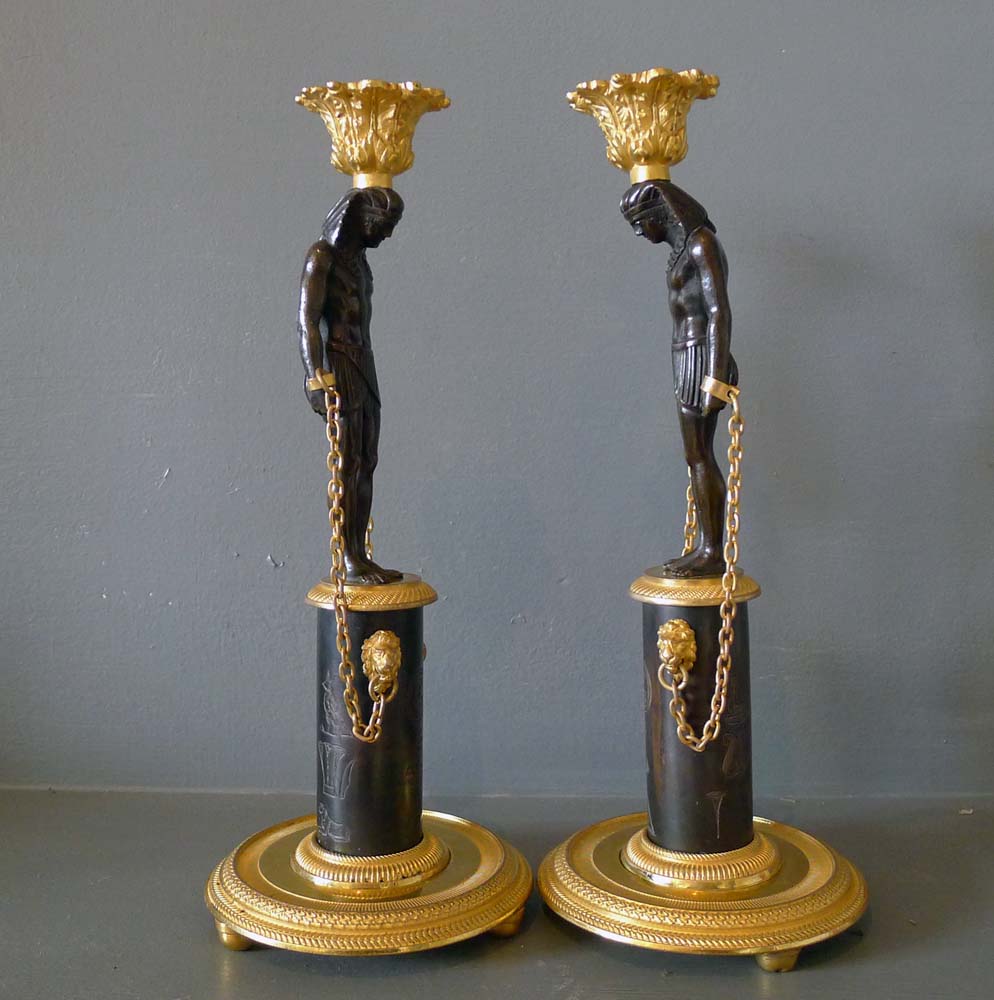 Pair Antique English Regency Egyptian style Egyptian revival  patinated bronze & ormolu candlesticks