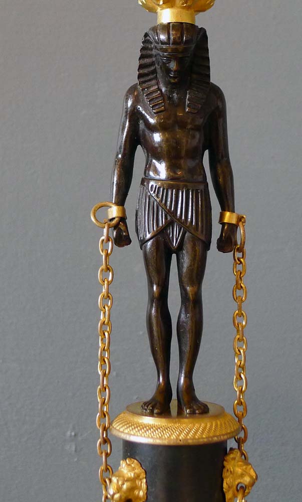 Pair Antique English Regency Egyptian style Egyptian revival  patinated bronze & ormolu candlesticks