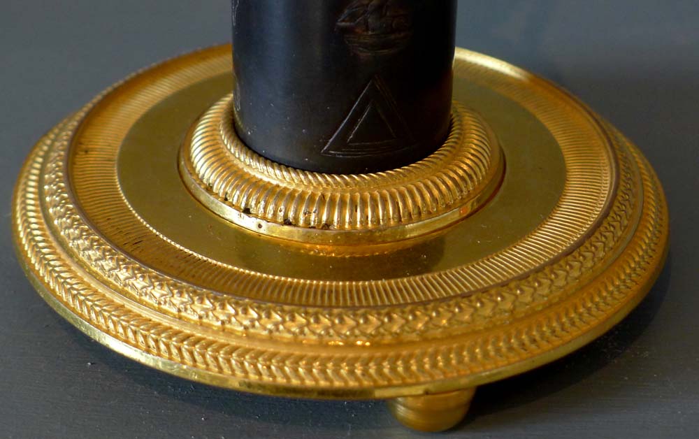 Pair Antique English Regency Egyptian style Egyptian revival  patinated bronze & ormolu candlesticks