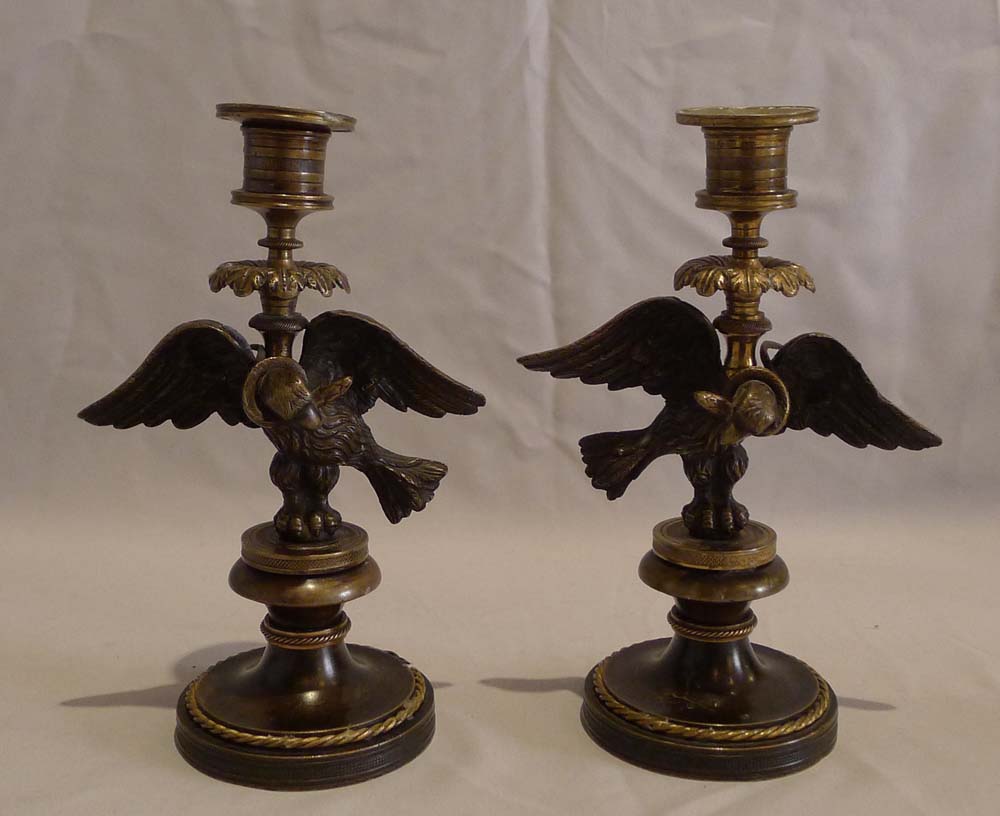 Antique pair of English Regency candlesticks in form of eagle with viper