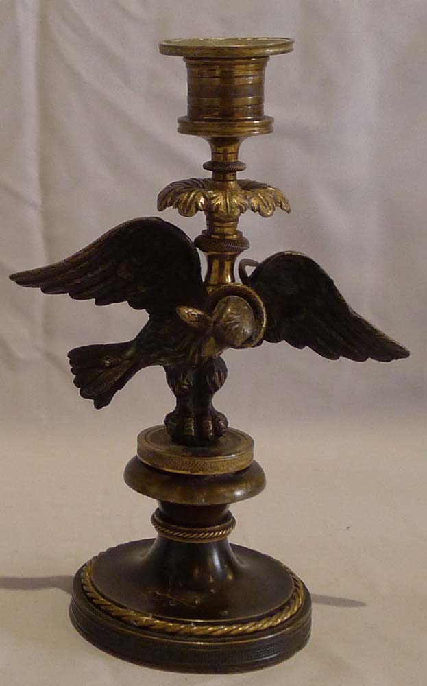 Antique pair of English Regency candlesticks in form of eagle with viper
