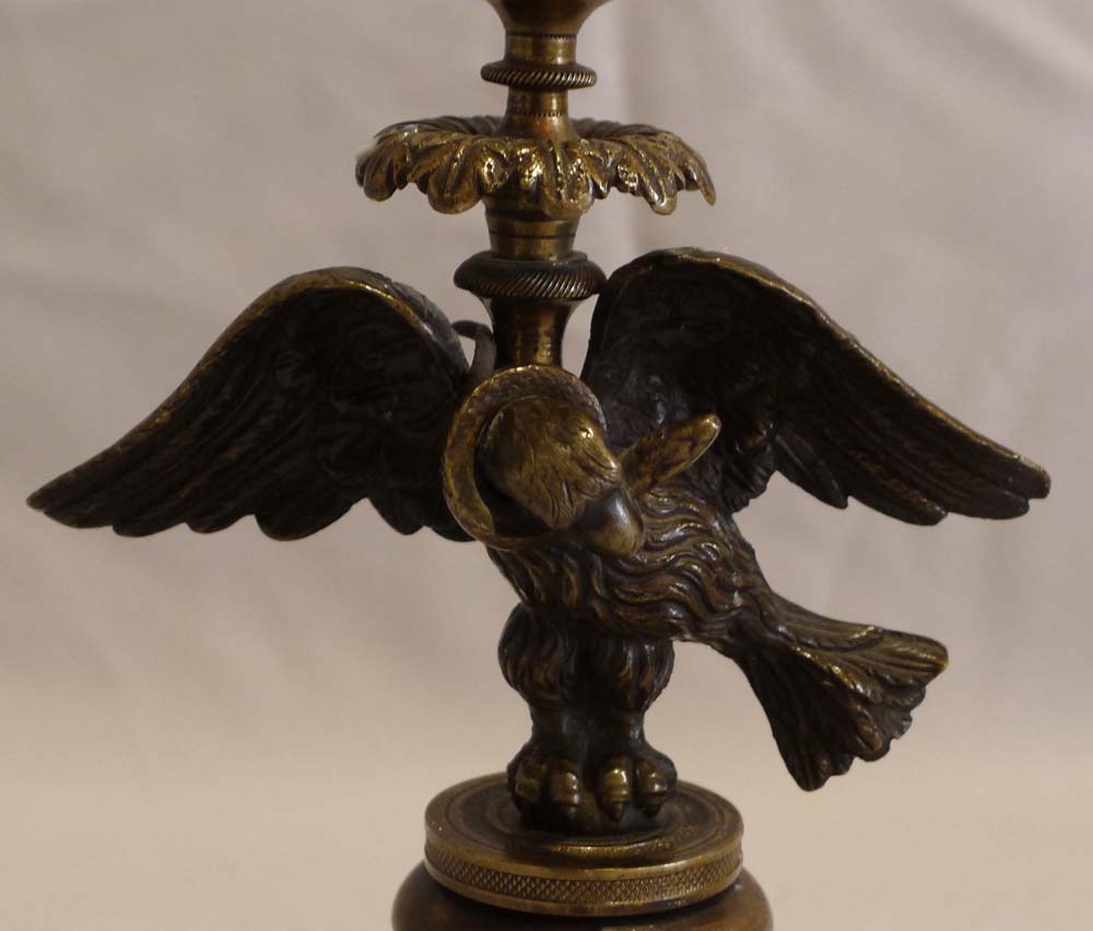 Antique pair of English Regency candlesticks in form of eagle with viper