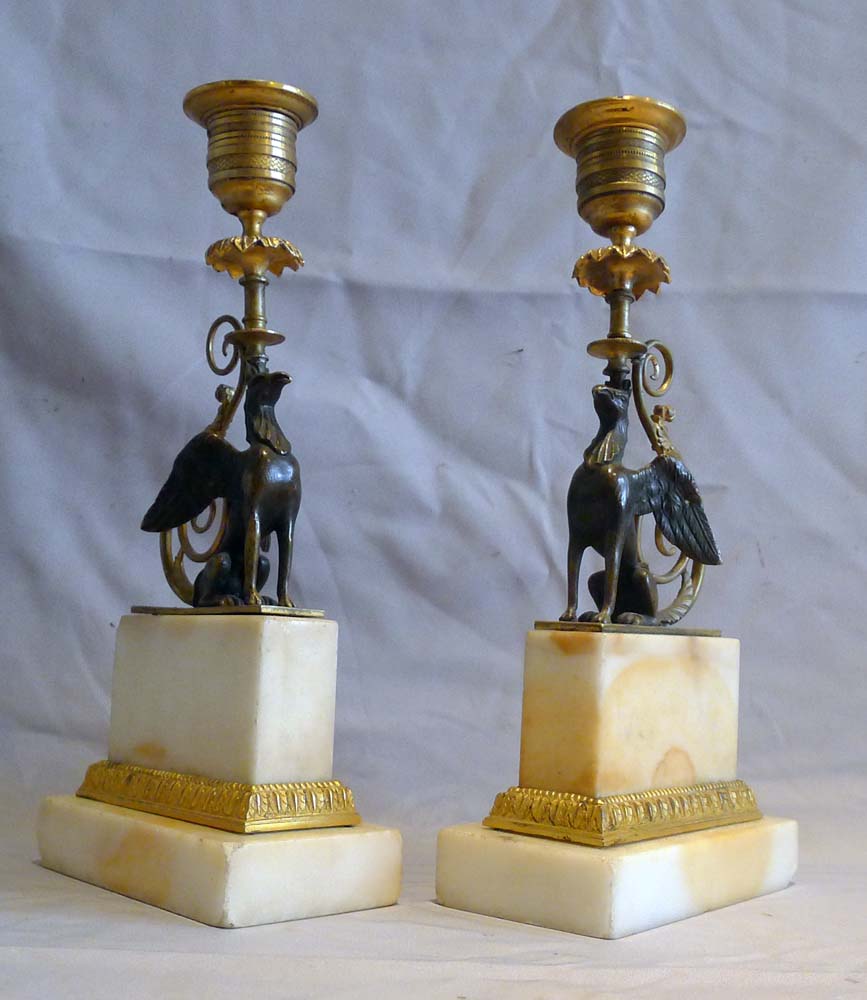 Pair antique English George III patinated bronze & ormolu Chambers pattern griffin candlesticks