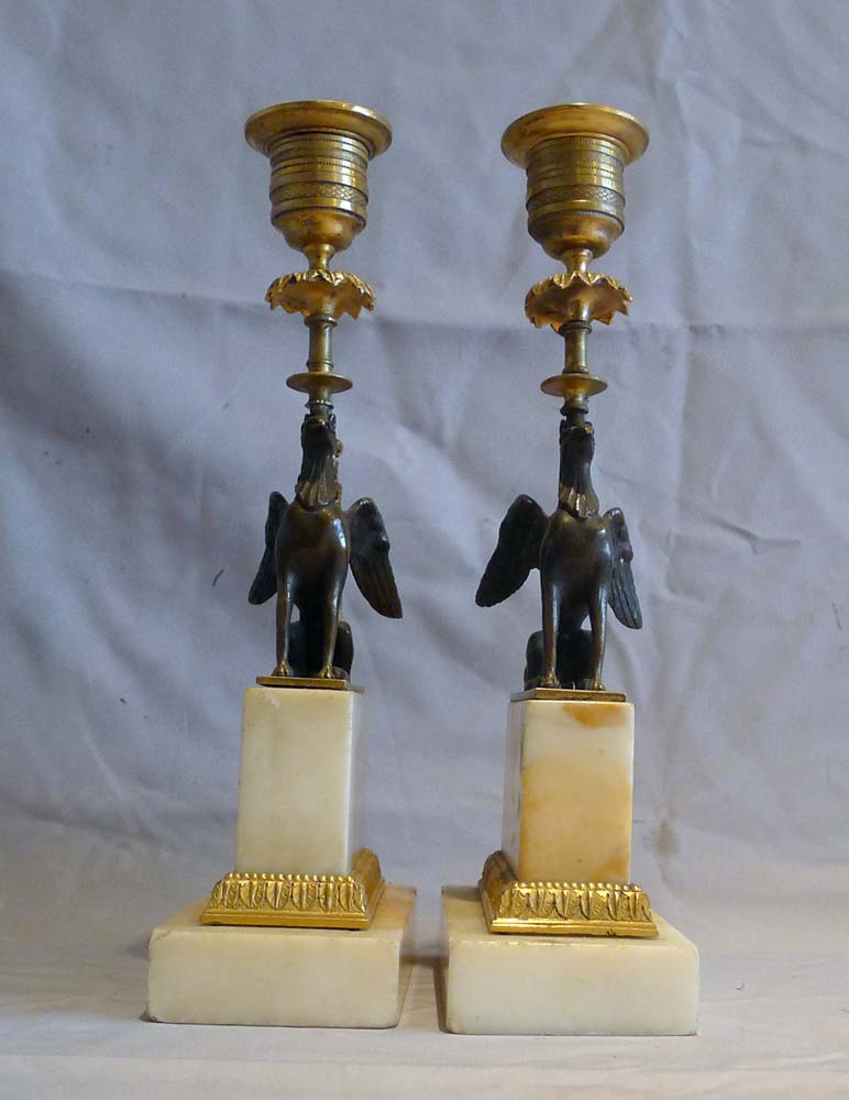 Pair antique English George III patinated bronze & ormolu Chambers pattern griffin candlesticks