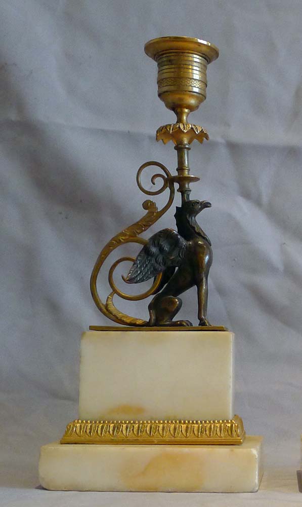 Pair antique English George III patinated bronze & ormolu Chambers pattern griffin candlesticks