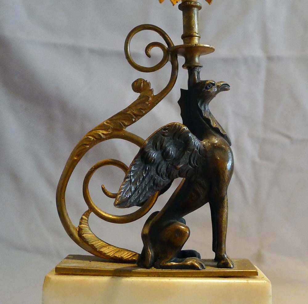 Pair antique English George III patinated bronze & ormolu Chambers pattern griffin candlesticks