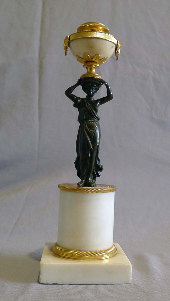 Pair of antique English Regency white marble, ormolu and patinated bronze candlesticks.