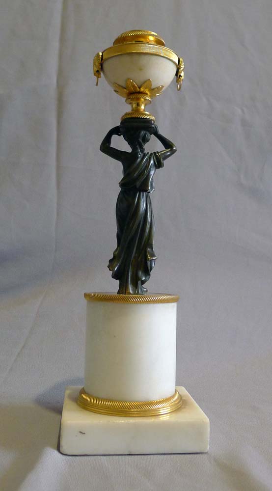 Pair of antique English Regency white marble, ormolu and patinated bronze candlesticks.