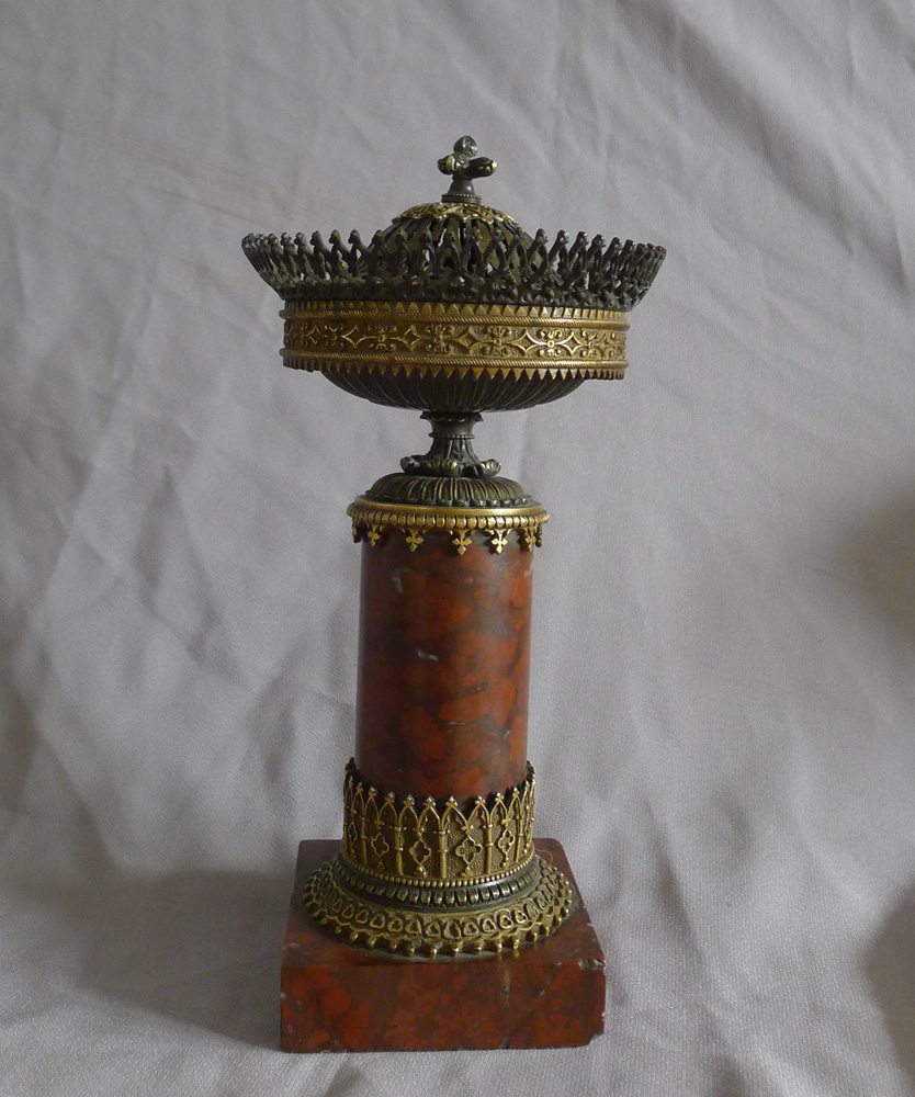 Antique and exquisite French Gothic revival pastille burner in ormolu, bronze and rouge marble.