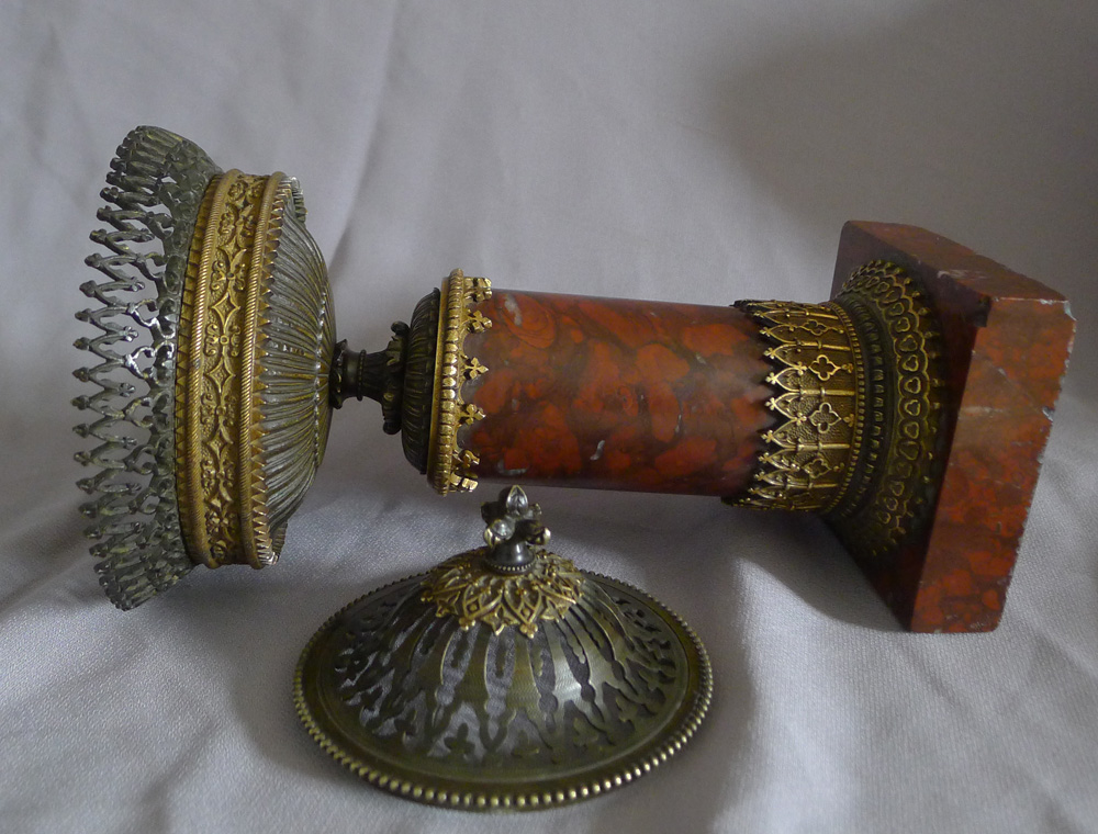Antique and exquisite French Gothic revival pastille burner in ormolu, bronze and rouge marble.