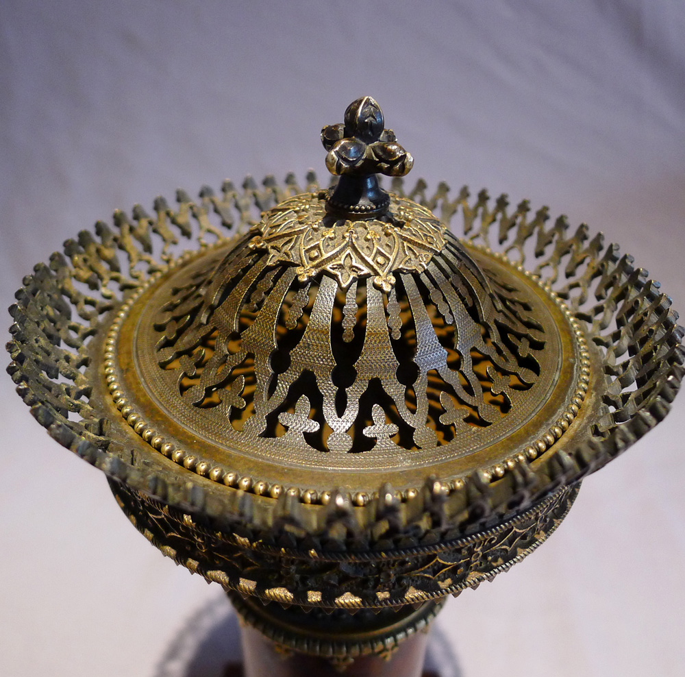 Antique and exquisite French Gothic revival pastille burner in ormolu, bronze and rouge marble.