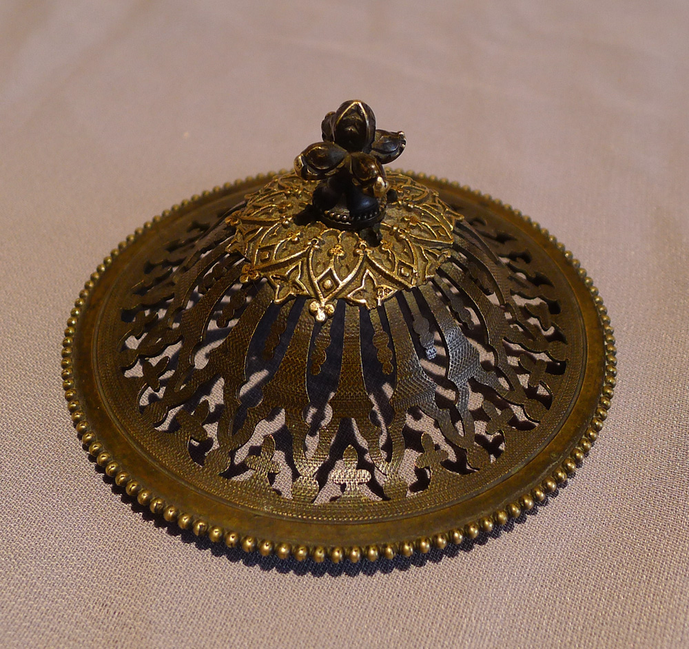 Antique and exquisite French Gothic revival pastille burner in ormolu, bronze and rouge marble.