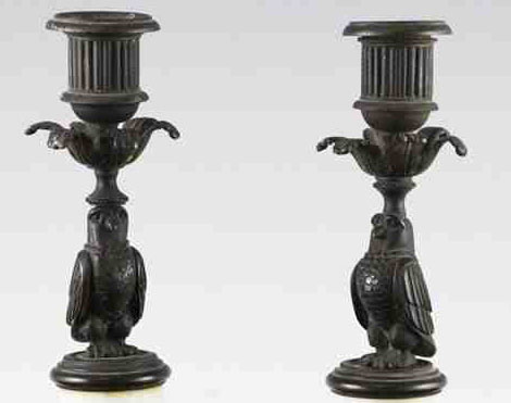 Antique English pair of patinated bronze and statuary marble candlesticks of Owls.