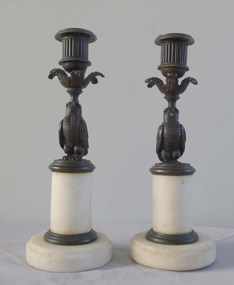 Antique English pair of patinated bronze and statuary marble candlesticks of Owls.