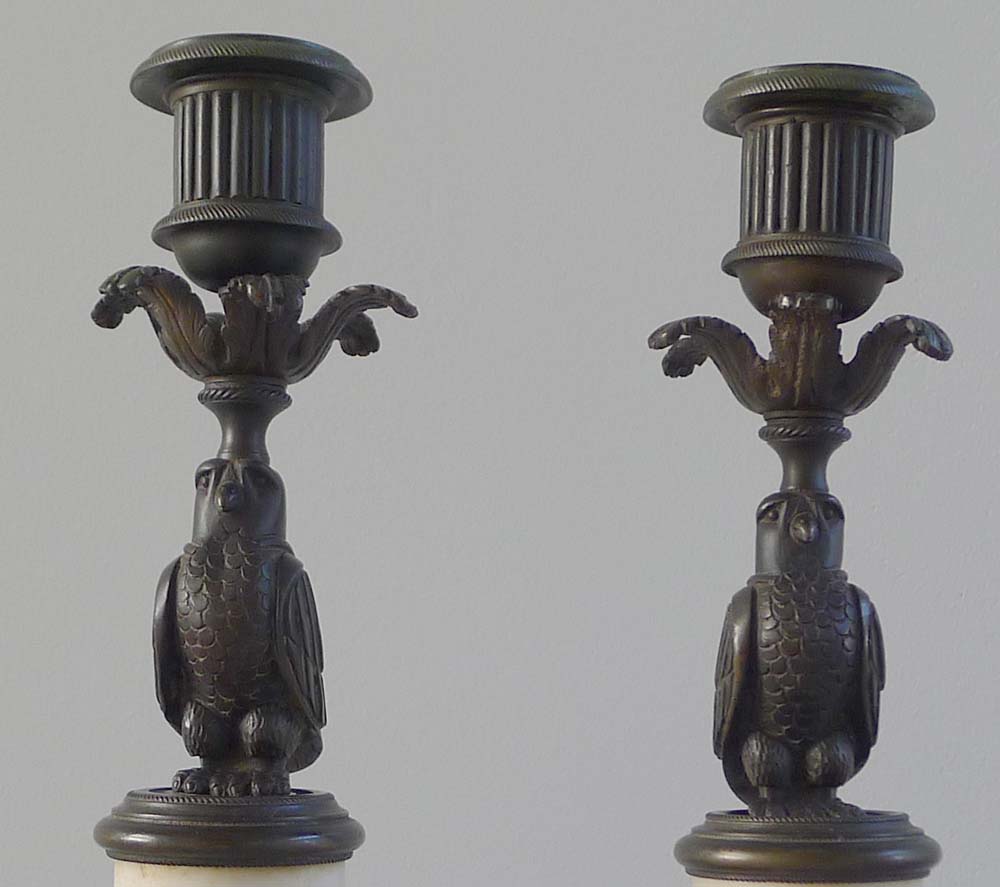 Antique English pair of patinated bronze and statuary marble candlesticks of Owls.