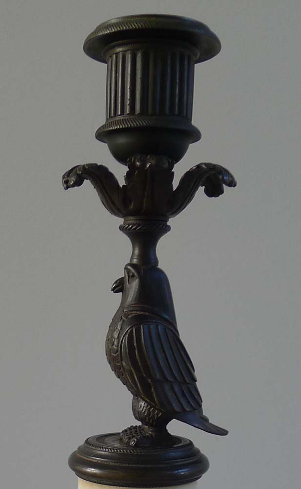 Antique English pair of patinated bronze and statuary marble candlesticks of Owls.