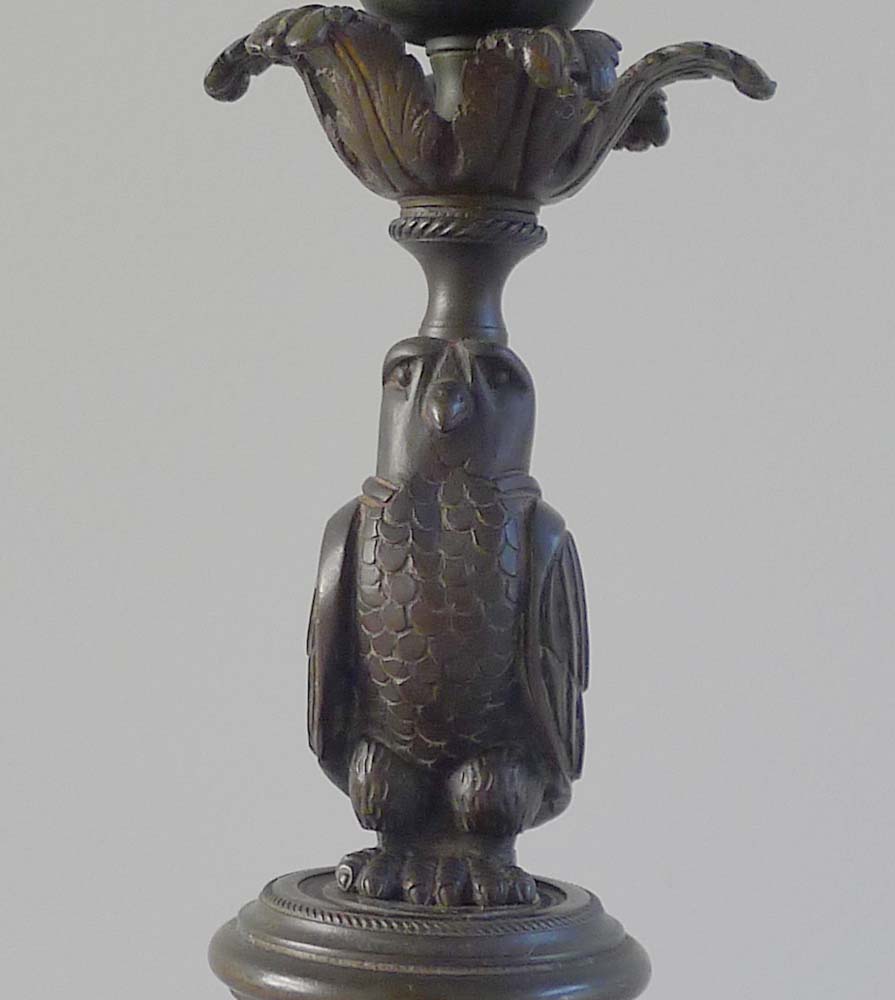 Antique English pair of patinated bronze and statuary marble candlesticks of Owls.